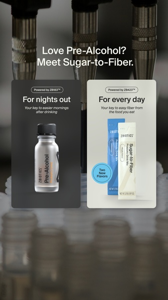 A vertical split-screen design showing two distinct probiotic drink products, highlighting specific usage benefits for nights out versus daily nutrition.
